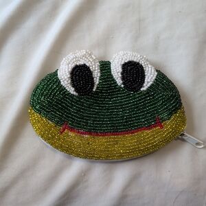 Frog Beaded Coin Purse Bag Zipper Funky Quirky Artsy Boho Y2K Green Yellow